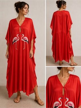 Red Flamingo Caftan Swim Cover-Up